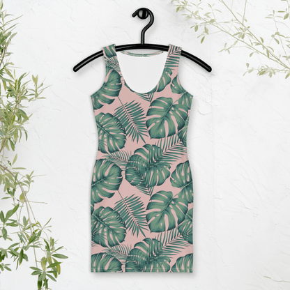 Blush Jungle Bodycon Dress | Tropical Monstera Leaf Print on Soft Pink - Bodycon Dress