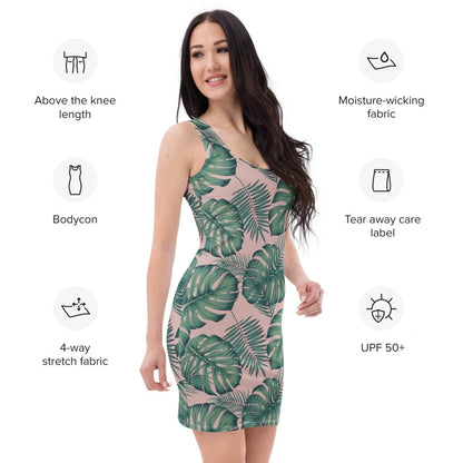 Blush Jungle Bodycon Dress | Tropical Monstera Leaf Print on Soft Pink - Bodycon Dress