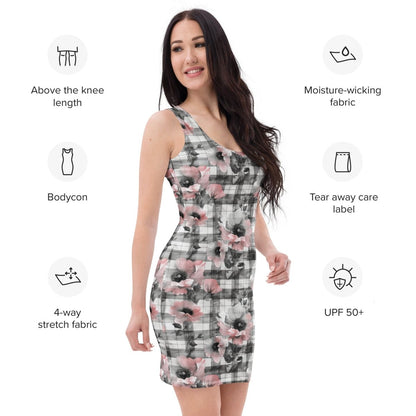 Blush Plaid Floral Bodycon Dress | Soft Cottagecore Meets Edgy Street Style - Bodycon Dress