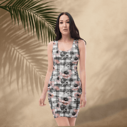 Blush Plaid Floral Bodycon Dress | Soft Cottagecore Meets Edgy Street Style - Bodycon Dress