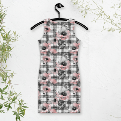 Blush Plaid Floral Bodycon Dress | Soft Cottagecore Meets Edgy Street Style - Bodycon Dress