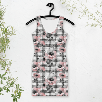 Blush Plaid Floral Bodycon Dress | Soft Cottagecore Meets Edgy Street Style - Bodycon Dress