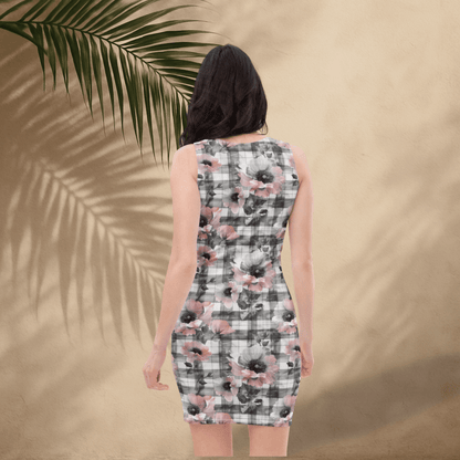 Blush Plaid Floral Bodycon Dress | Soft Cottagecore Meets Edgy Street Style - Bodycon Dress