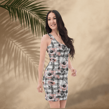 Blush Plaid Floral Bodycon Dress | Soft Cottagecore Meets Edgy Street Style - Bodycon Dress