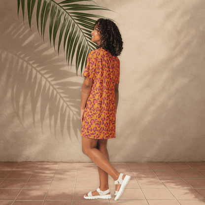 Bold Abstract Boho T-Shirt Dress – Orange & Fuchsia Print (2XS–6XL)