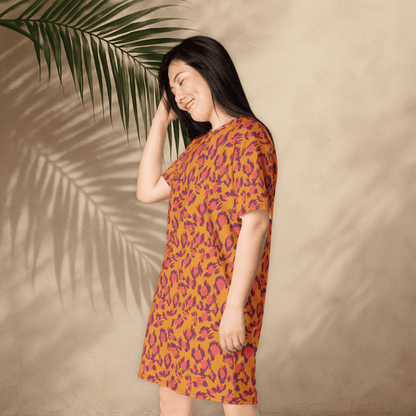 Bold Abstract Boho T-Shirt Dress – Orange & Fuchsia Print (2XS–6XL)