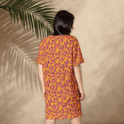 Bold Abstract Boho T-Shirt Dress – Orange & Fuchsia Print (2XS–6XL)