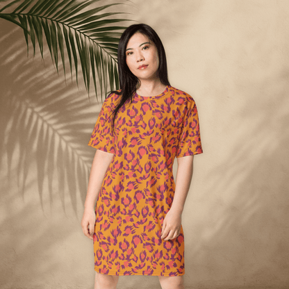 Bold Abstract Boho T-Shirt Dress – Orange & Fuchsia Print (2XS–6XL)