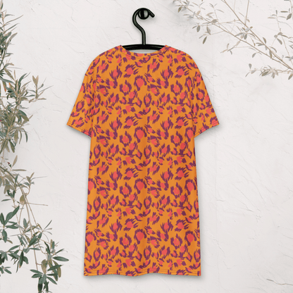 Bold Abstract Boho T-Shirt Dress – Orange & Fuchsia Print (2XS–6XL)