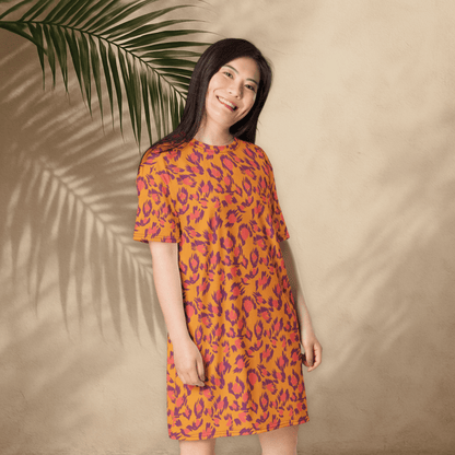 Bold Abstract Boho T-Shirt Dress – Orange & Fuchsia Print (2XS–6XL)