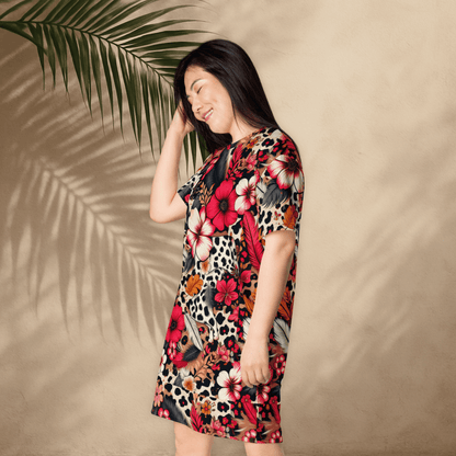 Bold Floral and Leopard Print T-Shirt Dress – Oversized Statement Dress for Maximalist Style