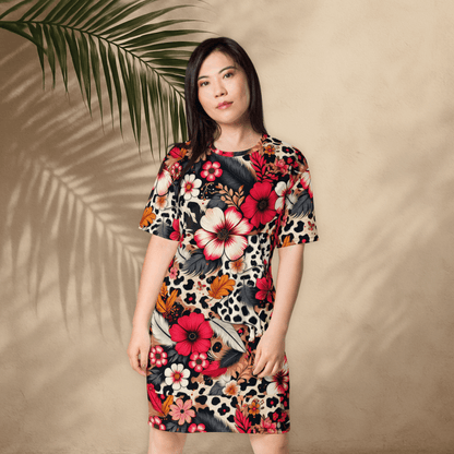 Bold Floral and Leopard Print T-Shirt Dress – Oversized Statement Dress for Maximalist Style