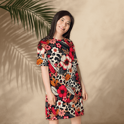 Bold Floral and Leopard Print T-Shirt Dress – Oversized Statement Dress for Maximalist Style