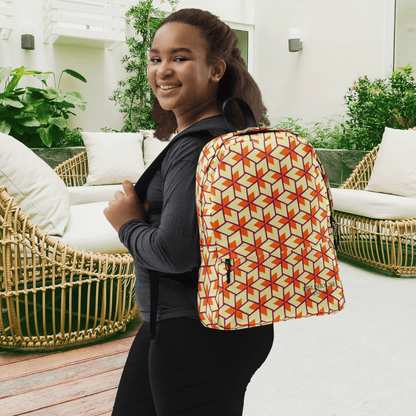 Person wearing a geometric patterned backpack outdoors