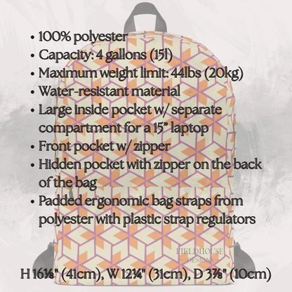Backpack with geometric pattern and product specifications on a textured background