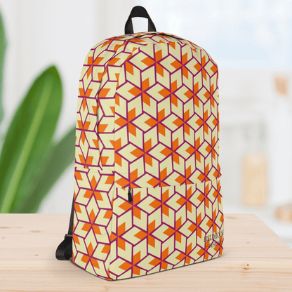 Backpack with geometric pattern on a wooden surface