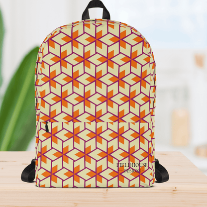 Backpack with geometric pattern on a wooden surface