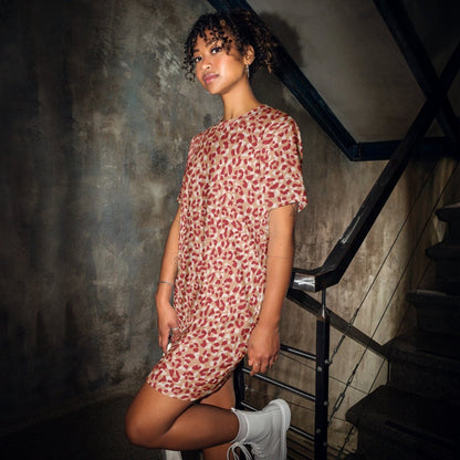 Bold Red Leopard Print T-Shirt Dress – All - Over Print Oversized Streetwear for Women - T-Shirt Dress