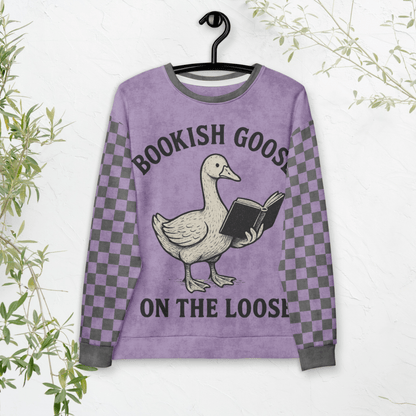 Bookish Goose On the Loose Sweatshirt – Lavender Checkerboard Pastel Academia Crew