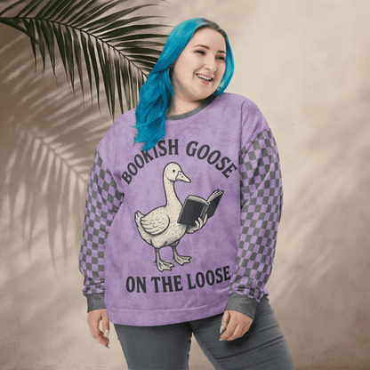 Bookish Goose On the Loose Sweatshirt – Lavender Checkerboard Pastel Academia Crew