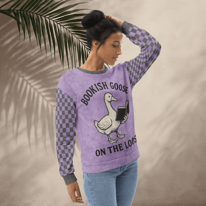 Bookish Goose On the Loose Sweatshirt – Lavender Checkerboard Pastel Academia Crew