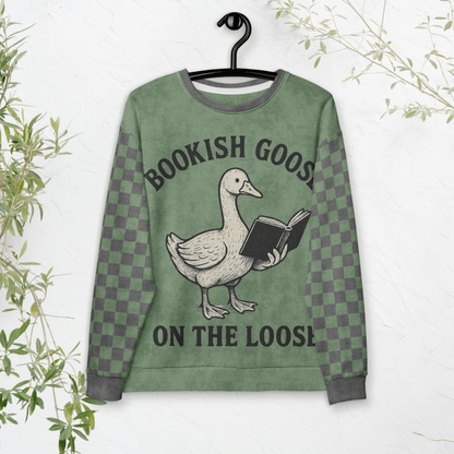 Bookish Goose On the Loose Sweatshirt – Sage Green Checkerboard Academia Crew