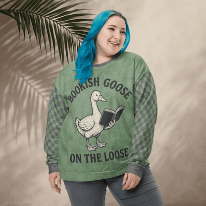 Bookish Goose On the Loose Sweatshirt – Sage Green Checkerboard Academia Crew