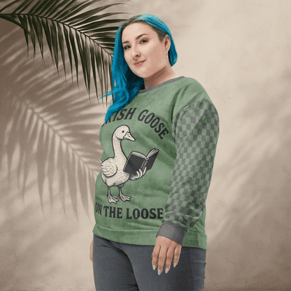 Bookish Goose On the Loose Sweatshirt – Sage Green Checkerboard Academia Crew