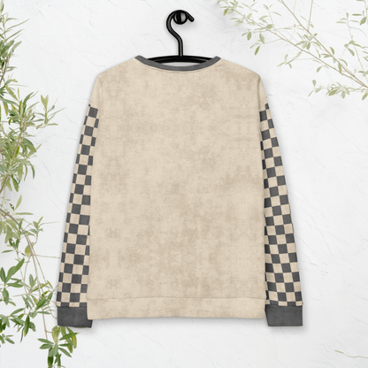 Beige sweatshirt with checkered sleeves on a hanger against a white background
