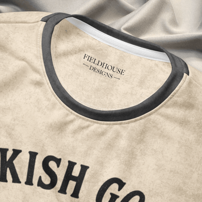 Beige and gray crewneck sweatshirt neckline and 'Fieldhouse Designs' branding.