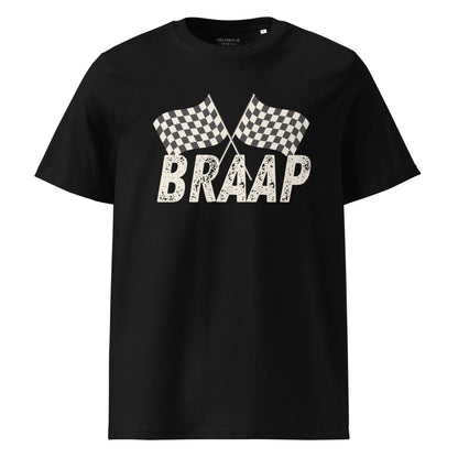 Black t-shirt with 'BRAAP' and checkered flags design on a white background