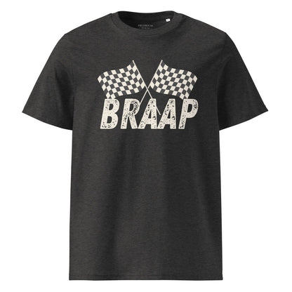 Black t-shirt with 'BRAAP' and checkered flag design on a white background