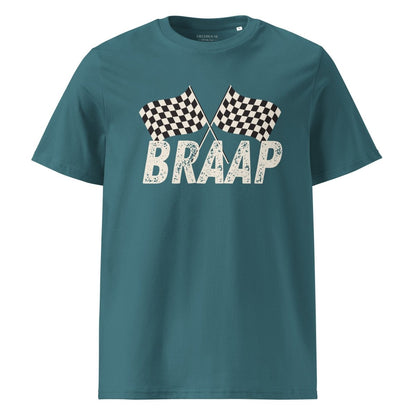 Teal t-shirt with 'BRAAP' and checkered flags design on a white background