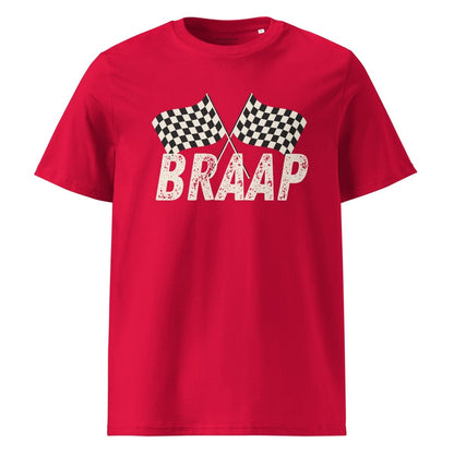 Red t-shirt with checkered flags and 'BRAAP' text on a white background