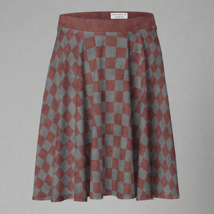 Checkered skirt with burgundy and gray pattern on a beige background