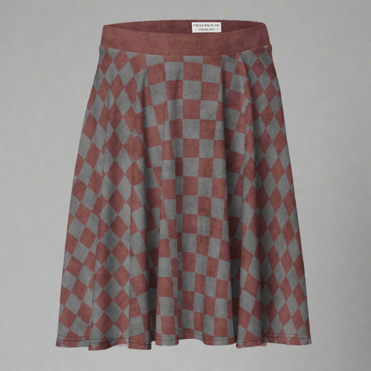 Checkered skirt with burgundy and gray pattern on a beige background