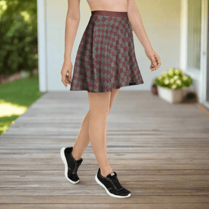 Person wearing a patterned skirt on a deck