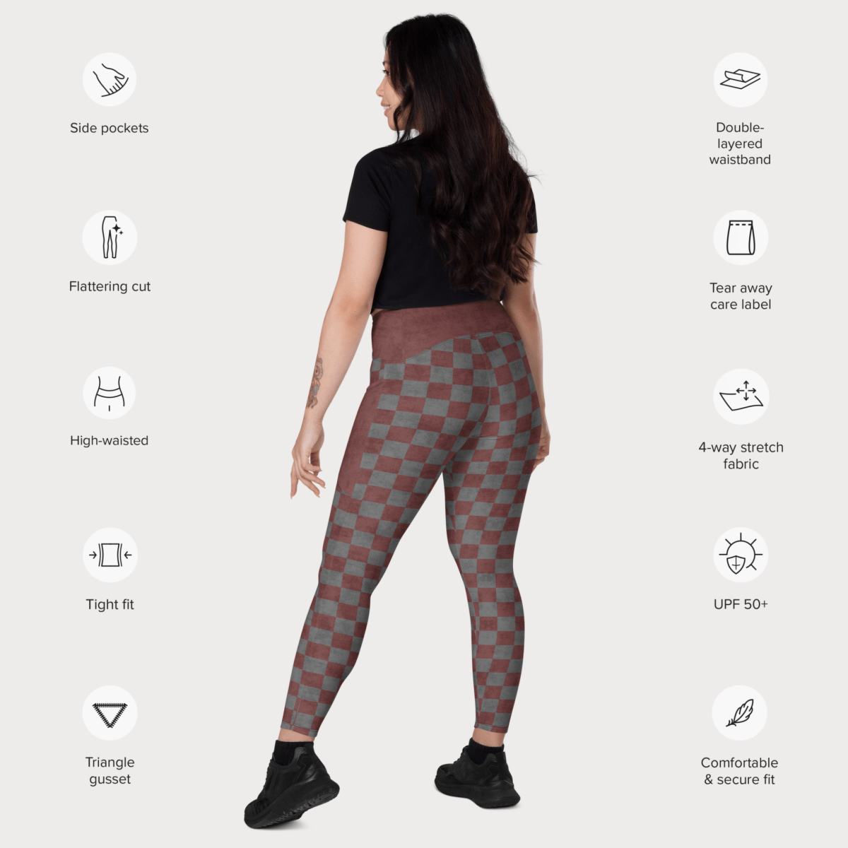 Woman wearing checkered leggings with feature icons on a white background