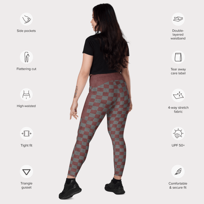 Woman wearing checkered leggings with feature icons on a white background