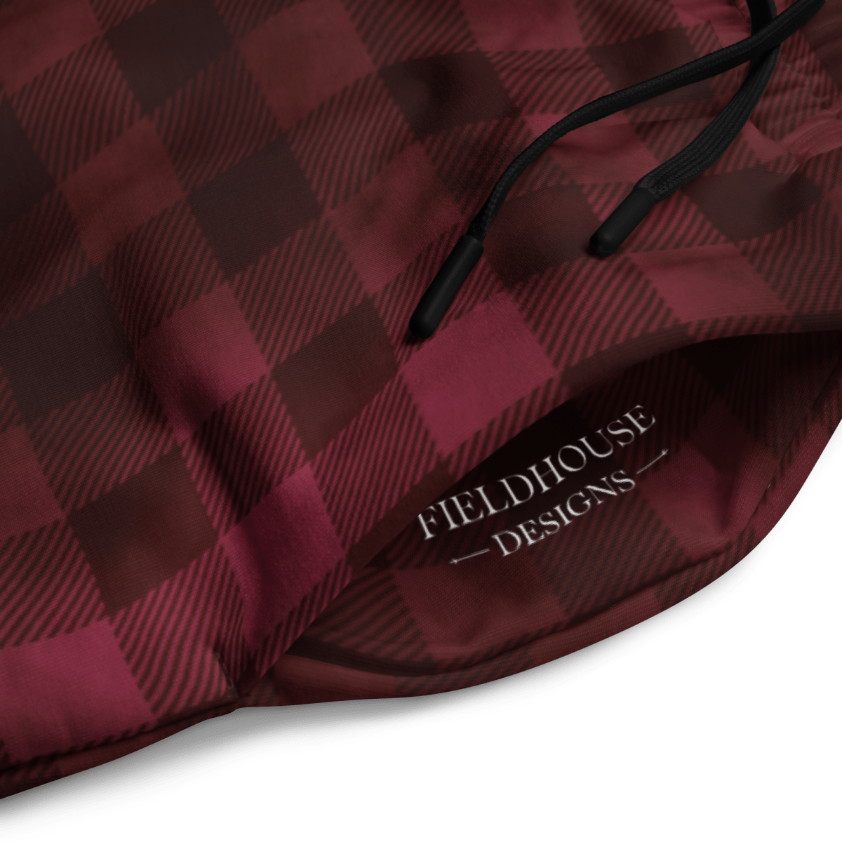 Red and black checkered fabric with 'Fieldhouse Designs' logo