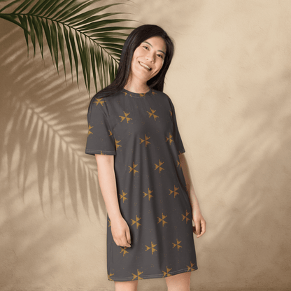 Charcoal Arrow Print T-Shirt Dress – Grunge Oversized Streetwear for Women