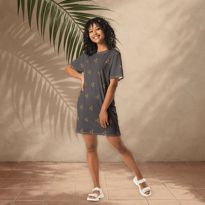 Charcoal Arrow Print T-Shirt Dress – Grunge Oversized Streetwear for Women