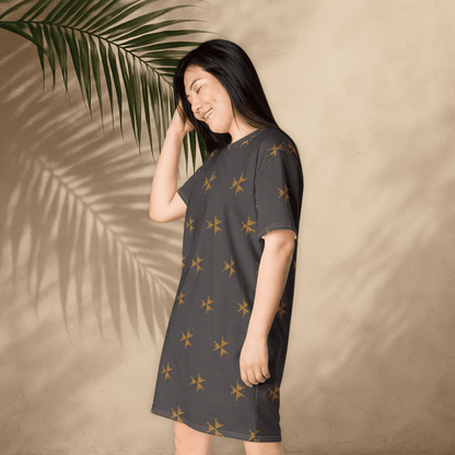 Charcoal Arrow Print T-Shirt Dress – Grunge Oversized Streetwear for Women