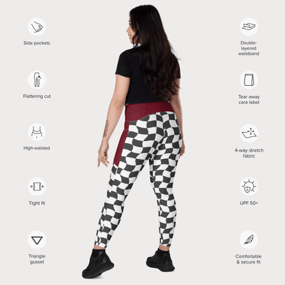 Woman wearing checkered leggings with product features on a white background