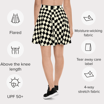 Checkmate Skater Skirt | Classic Black & Cream Checkerboard Print - Skater Skirt