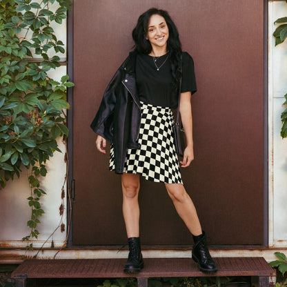 Checkmate Skater Skirt | Classic Black & Cream Checkered Print - Skater Skirt