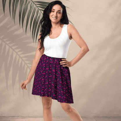 Cherry Pop Skater Skirt | Y2K Sparkle Cherry Print on Deep Plum