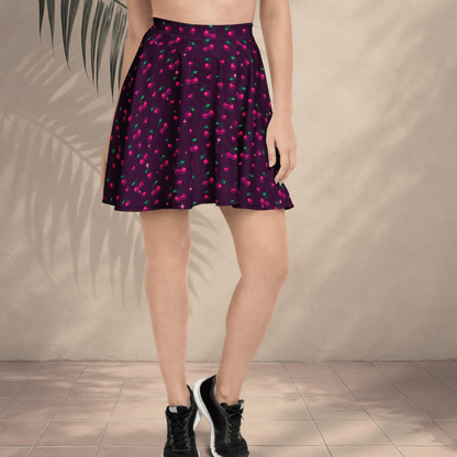 Cherry Pop Skater Skirt | Y2K Sparkle Cherry Print on Deep Plum