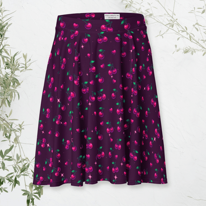 Cherry Pop Skater Skirt | Y2K Sparkle Cherry Print on Deep Plum