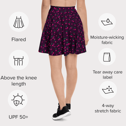 Cherry Pop Skater Skirt | Y2K Sparkle Cherry Print on Deep Plum